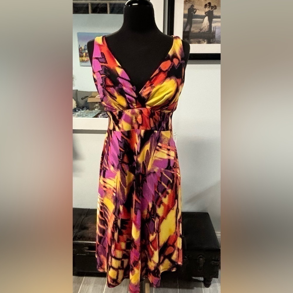Bisou Bisou Orange and Purple Ruched Midi Sundress